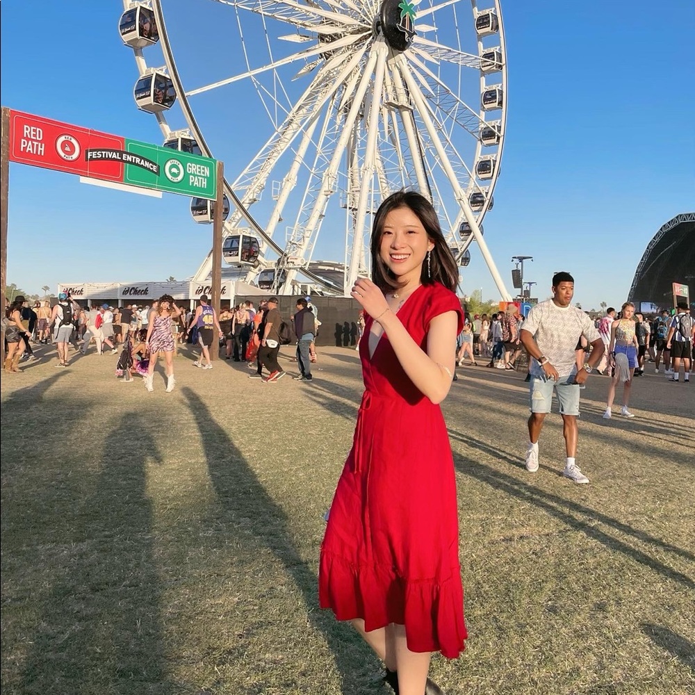 Red Reformation low V neck linen wrap dress
